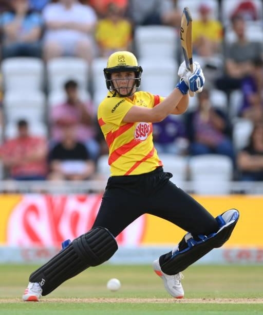 Rockets batter Natalie Sciver hits out during the Hundred match between Trent Rockets and Northern Superchargers at Trent Bridge on July 26, 2021 in...