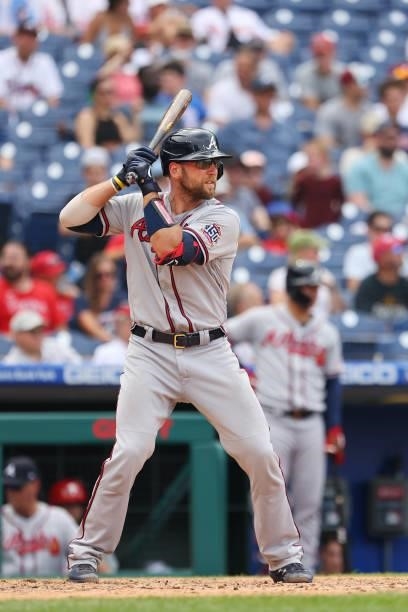 Kevan Smith of the Atlanta Braves in action against the Philadelphia Phillies during a game at Citizens Bank Park on July 25, 2021 in Philadelphia,...