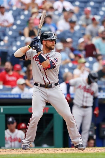 Kevan Smith of the Atlanta Braves in action against the Philadelphia Phillies during a game at Citizens Bank Park on July 25, 2021 in Philadelphia,...