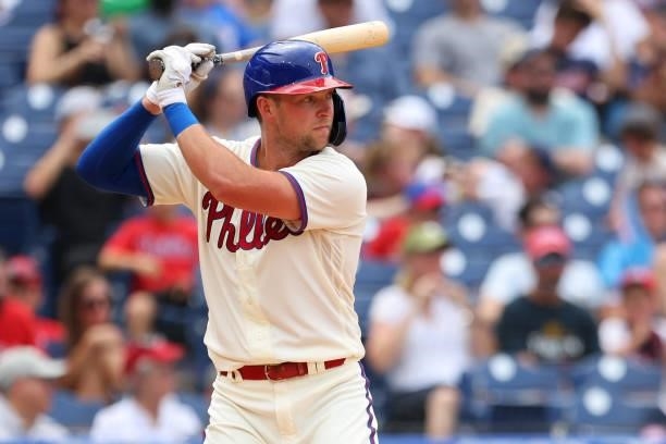 Rhys Hoskins of the Philadelphia Phillies in action against the Atlanta Braves during a game at Citizens Bank Park on July 25, 2021 in Philadelphia,...