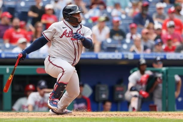Pablo Sandoval of the Atlanta Braves in action against the Philadelphia Phillies during a game at Citizens Bank Park on July 25, 2021 in...