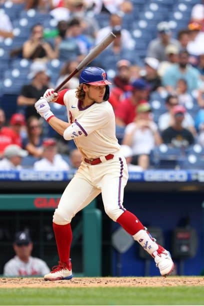 Alec Bohm of the Philadelphia Phillies in action against the Atlanta Braves during a game at Citizens Bank Park on July 25, 2021 in Philadelphia,...