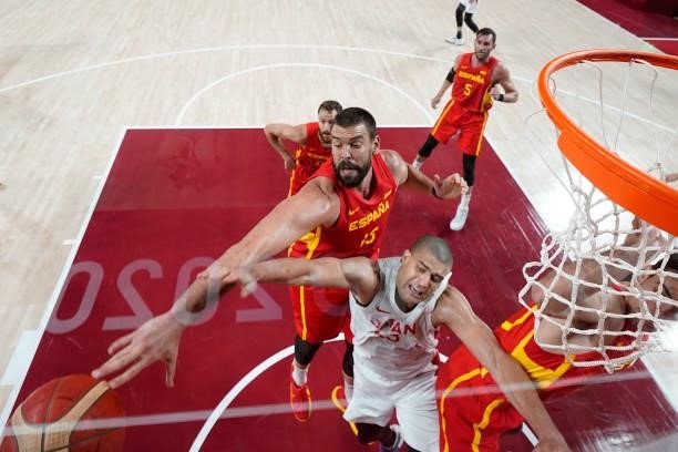 Marc Gasol of Team Spain blocks a shot by Gavin Earl Edwards of Team Japan during the first half of the Men's Preliminary Round Group C game on day...