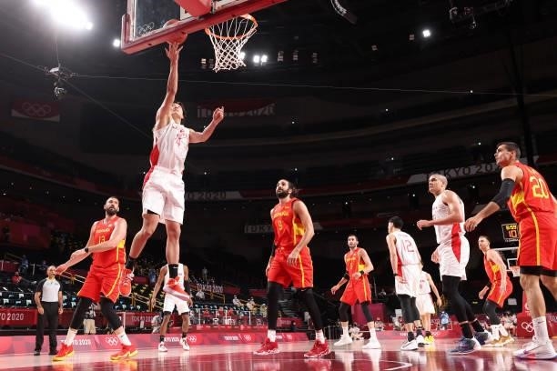 Daiki Tanaka of Team Japan goes up for a layup against Spain during the first half of the Men's Preliminary Round Group C game on day three of the...
