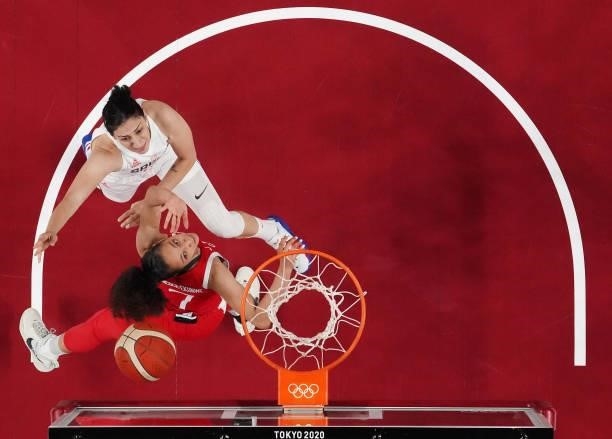 Jelena Brooks of Team Serbia drives to the basket against Nayo Raincock-Ekunwe of Team Canada during the first half of the Men's Preliminary Round...