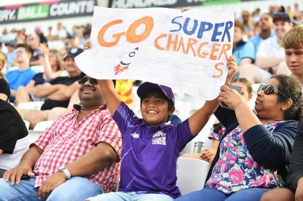 Fans enjoy the atmosphere during The Hundred match between Trent Rockets and Northern Superchargers at Trent Bridge on July 26, 2021 in Nottingham,...