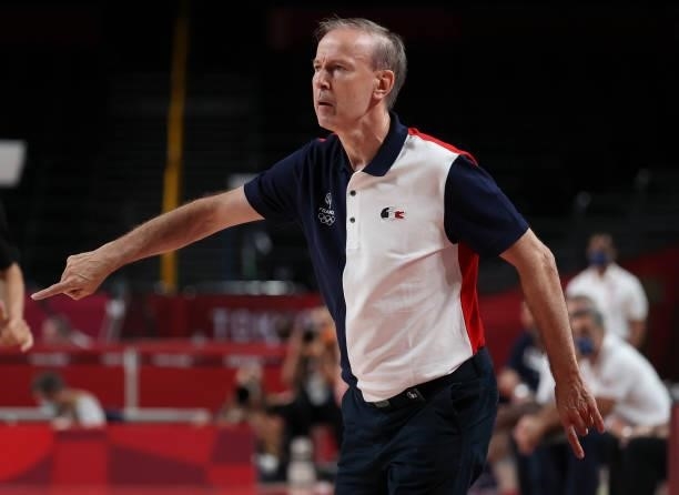 Coach of France Vincent Collet during the Men's Preliminary Round Group B basketball game between United States and France on day two of the Tokyo...