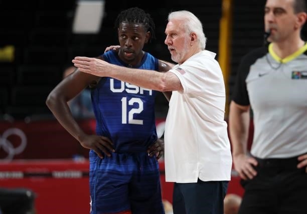 Coach of USA Gregg Popovich, during the Men's Preliminary Round Group B basketball game between United States and France on day two of the Tokyo 2020...