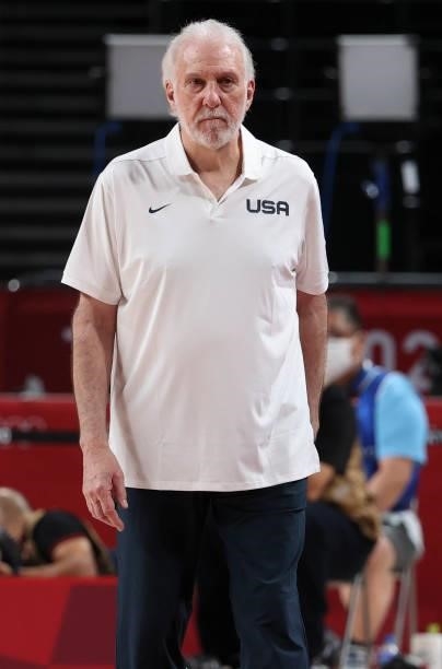 Coach of USA Gregg Popovich during the Men's Preliminary Round Group B basketball game between United States and France on day two of the Tokyo 2020...