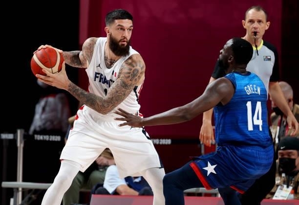 Vincent Poirier of France, Draymond Green of USA during the Men's Preliminary Round Group B basketball game between United States and France on day...