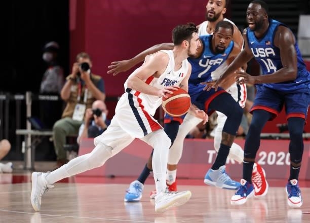 Nando de Colo of France, Kevin Durant, Draymond Green of USA during the Men's Preliminary Round Group B basketball game between United States and...