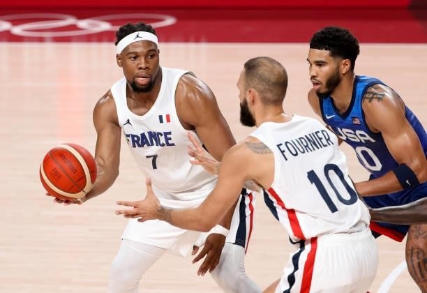Guerschon Yabusele, Evan Fournier of France, Jayson Tatum of USA during the Men's Preliminary Round Group B basketball game between United States and...