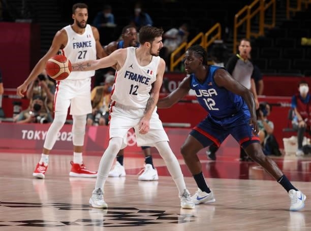 Nando de Colo of France, Jrue Holiday of USA during the Men's Preliminary Round Group B basketball game between United States and France on day two...