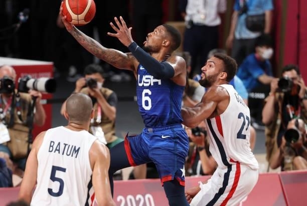 Damian Lillard of USA, Rudy Gobert of France during the Men's Preliminary Round Group B basketball game between United States and France on day two...