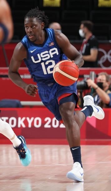 Jrue Holiday of USA during the Men's Preliminary Round Group B basketball game between United States and France on day two of the Tokyo 2020 Olympic...