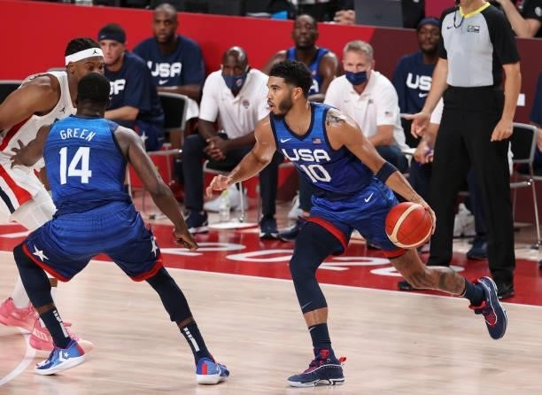 Jayson Tatum of USA during the Men's Preliminary Round Group B basketball game between United States and France on day two of the Tokyo 2020 Olympic...