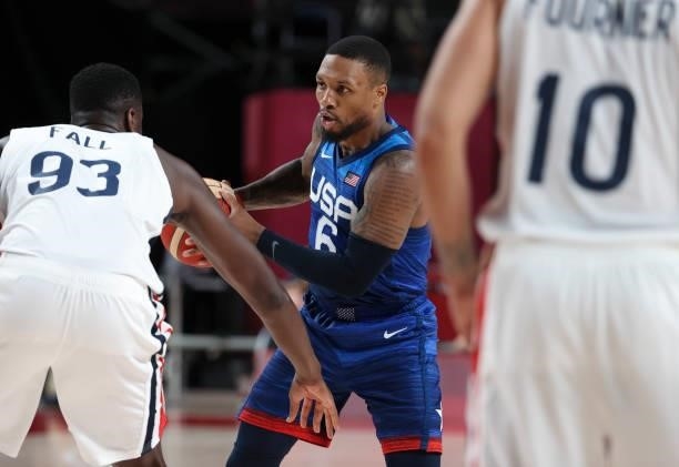 Damian Lillard of USA during the Men's Preliminary Round Group B basketball game between United States and France on day two of the Tokyo 2020...