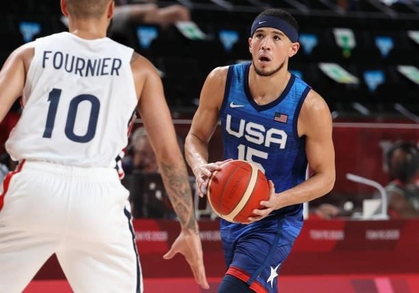 Devin Booker of USA during the Men's Preliminary Round Group B basketball game between United States and France on day two of the Tokyo 2020 Olympic...