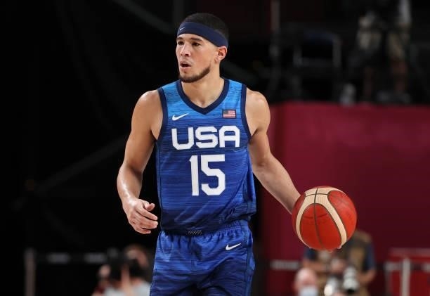 Devin Booker of USA during the Men's Preliminary Round Group B basketball game between United States and France on day two of the Tokyo 2020 Olympic...