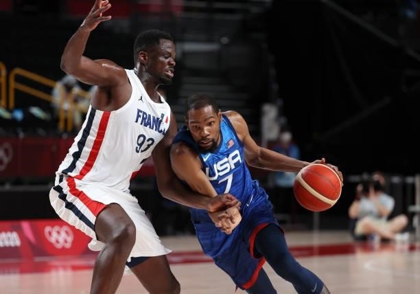 Kevin Durant of USA, Moustapha Fall of France during the Men's Preliminary Round Group B basketball game between United States and France on day two...
