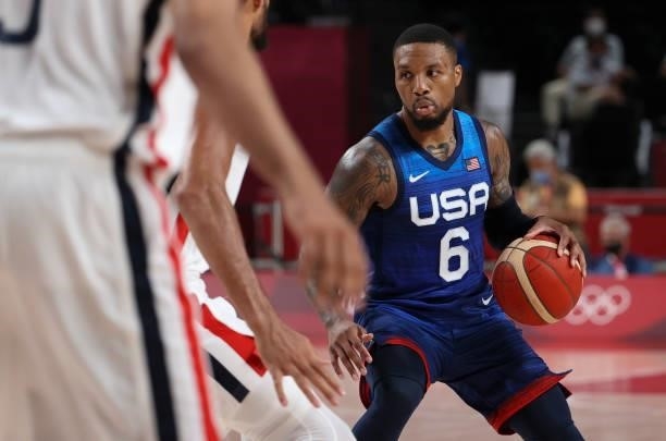 Damian Lillard of USA during the Men's Preliminary Round Group B basketball game between United States and France on day two of the Tokyo 2020...