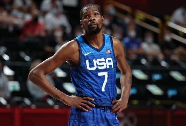 Kevin Durant of USA during the Men's Preliminary Round Group B basketball game between United States and France on day two of the Tokyo 2020 Olympic...