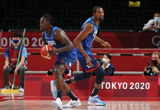 Jrue Holiday, Kevin Durant of USA during the Men's Preliminary Round Group B basketball game between United States and France on day two of the Tokyo...