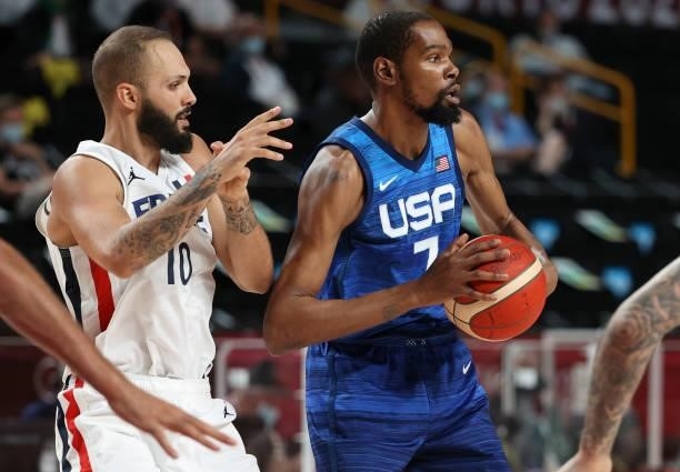 Kevin Durant of USA, Evan Fournier of France during the Men's Preliminary Round Group B basketball game between United States and France on day two...