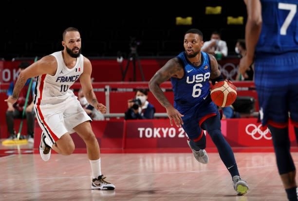 Damian Lillard of USA, Evan Fournier of France during the Men's Preliminary Round Group B basketball game between United States and France on day two...