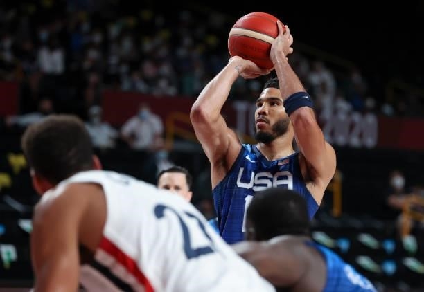 Jayson Tatum of USA during the Men's Preliminary Round Group B basketball game between United States and France on day two of the Tokyo 2020 Olympic...