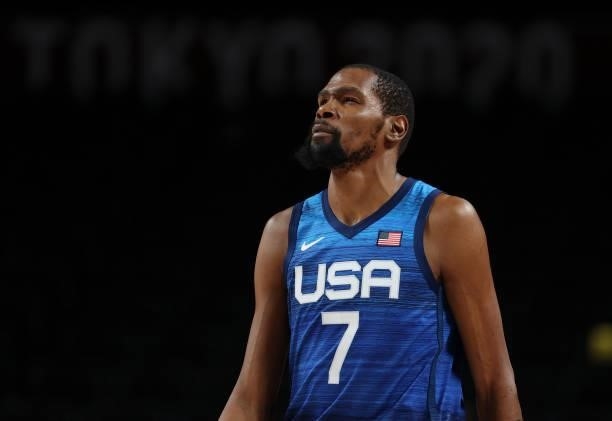 Kevin Durant of USA during the Men's Preliminary Round Group B basketball game between United States and France on day two of the Tokyo 2020 Olympic...