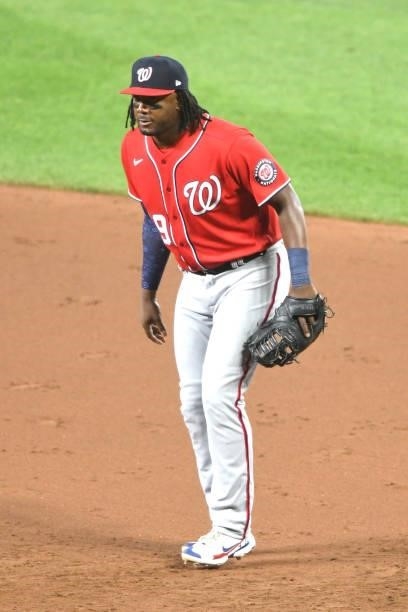 Josh Bell of the Washington Nationals in position during a baseball game against the Baltimore Orioles at Oriole Park at Camden Yards on July 23,...