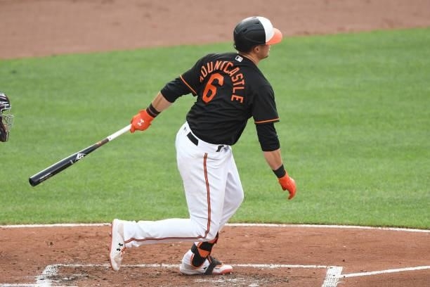 Ryan Mountcastle of the Baltimore Orioles takes a swing during a baseball game against the Washington Nationals at Oriole Park at Camden Yards on...