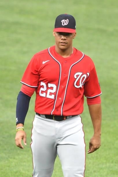 Juan Soto of the Washington Nationals warms up before a baseball game against the Baltimore Orioles at Oriole Park at Camden Yards on July 23, 2021...