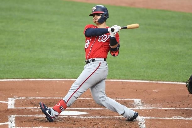 Tres Barrera of the Washington Nationals takes a swing during a baseball game against the Baltimore Orioles at Oriole Park at Camden Yards on July...