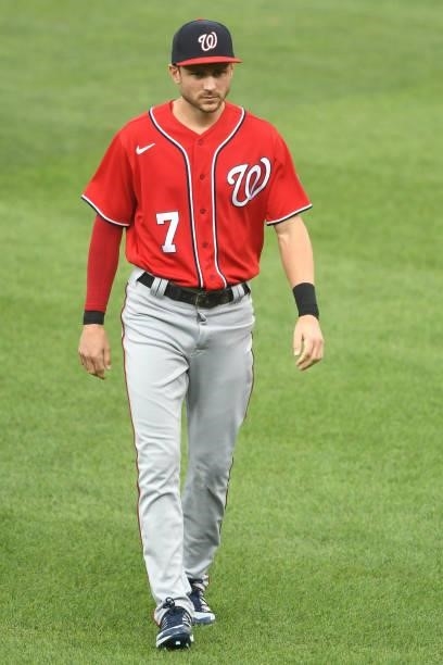 Trea Turner of the Washington Nationals warms up before a baseball game against the Baltimore Orioles at Oriole Park at Camden Yards on July 23, 2021...