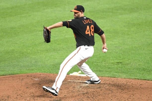 Jorge Lopez of the Baltimore Orioles pitches during a baseball game against the Washington Nationals at Oriole Park at Camden Yards on July 23, 2021...