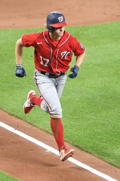 Andrew Stevenson of the Washington Nationals runs to home plate during a baseball game against the Baltimore Orioles at Oriole Park at Camden Yards...