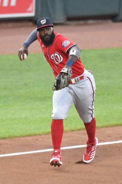 Josh Harrison of the Washington Nationals fields a ground ball during a baseball game against the Baltimore Orioles at Oriole Park at Camden Yards on...