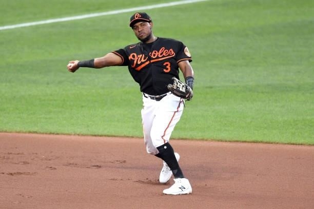 Maikel Franco of the Baltimore Orioles fields a ground ball during a baseball game against the Washington Nationals at Oriole Park at Camden Yards on...