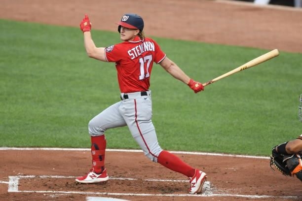 Andrew Stevenson of the Washington Nationals takes a swing during a baseball game against the Baltimore Orioles at Oriole Park at Camden Yards on...