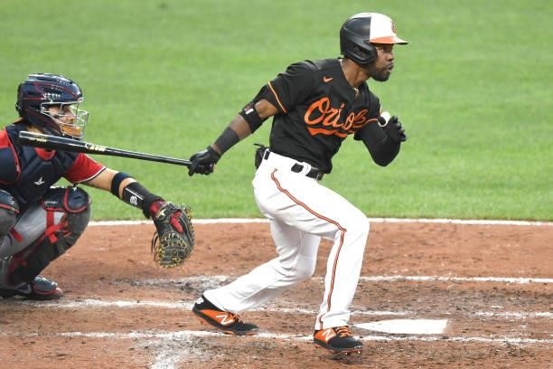 Cedric Mullins of the Baltimore Orioles takes a swing during a baseball game against the Washington Nationals at Oriole Park at Camden Yards on July...