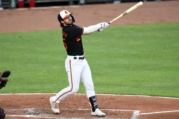 Ryan McKenna of the Baltimore Orioles takes a swing during a baseball game against the Washington Nationals at Oriole Park at Camden Yards on July...
