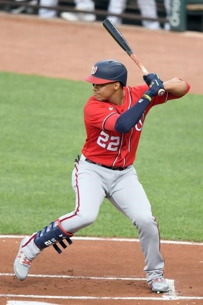 Juan Soto of the Washington Nationals prepares for a pitch during a baseball game against the Baltimore Orioles at Oriole Park at Camden Yards on...