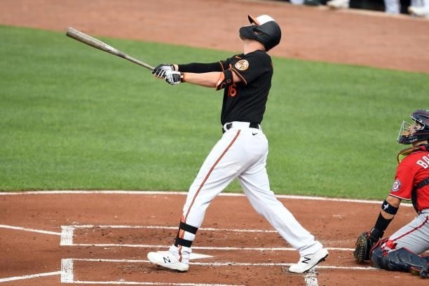 Trey Mancini of the Baltimore Orioles takes a swing during a baseball game against the Washington Nationals at Oriole Park at Camden Yards on July...