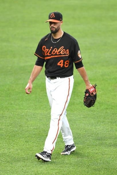 Jorge Lopez of the Baltimore Orioles walks to the dug out during a baseball game against the Washington Nationals at Oriole Park at Camden Yards on...