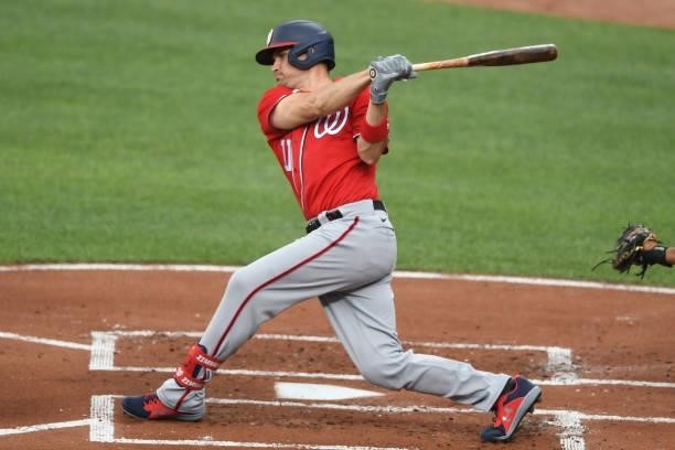 Ryan Zimmerman of the Washington Nationals takes a swing during a baseball game against the Baltimore Orioles at Oriole Park at Camden Yards on July...