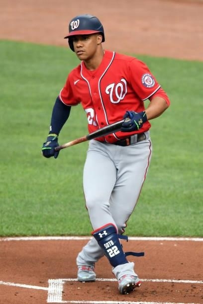 Juan Soto of the Washington Nationals looks on during a baseball game against the Baltimore Orioles at Oriole Park at Camden Yards on July 23, 2021...