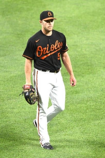 Paul Fry of the Baltimore Orioles walks back to the dug out during a baseball game against the Washington Nationals at Oriole Park at Camden Yards on...