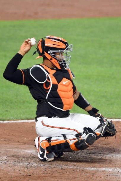 Pedro Severino of the Baltimore Orioles in position during a baseball game against the Washington Nationals at Oriole Park at Camden Yards on July...